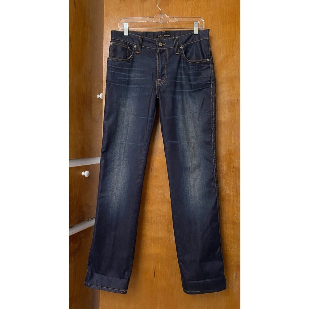 NUDIE JEANS SLIM JIM GLACIER INDIGO Dark Wash Coated PANTS STRAIGHT Size 33 Read - Picture 2 of 11